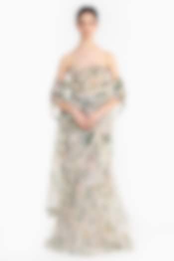 White Tulle Rose Printed Pre-Stitched Reception Saree Set by Gauri And Nainika at Pernia's Pop Up Shop