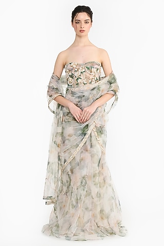 White Tulle Rose Printed Pre-Stitched Saree Set by Gauri And Nainika