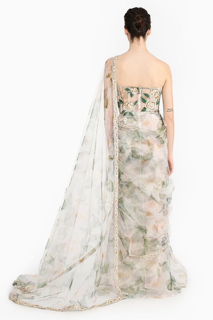 White Tulle Rose Printed Pre-Stitched Reception Saree Set by Gauri And Nainika at Pernia's Pop Up Shop