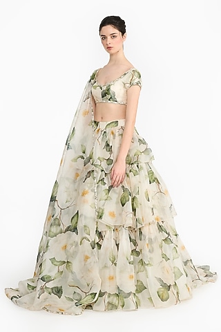 White Silk Organza Rose Printed Tiered Lehenga Set by Gauri And Nainika