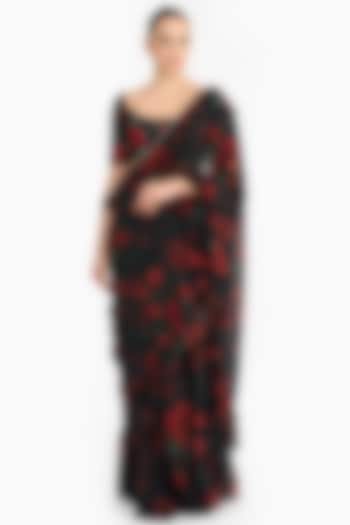 Red Chiffon Rose Printed Ruffled Reception Saree Set by Gauri And Nainika at Pernia's Pop Up Shop