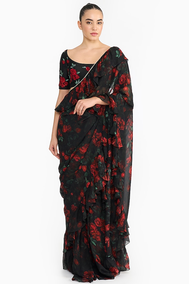 Red Chiffon Rose Printed Ruffled Reception Saree Set by Gauri And Nainika at Pernia's Pop Up Shop