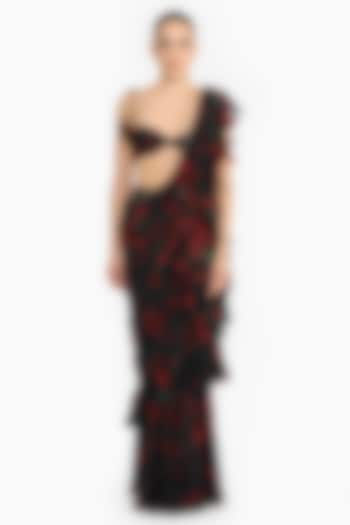 Red Chiffon Rose Printed Ruffled Reception Saree Set by Gauri And Nainika at Pernia's Pop Up Shop