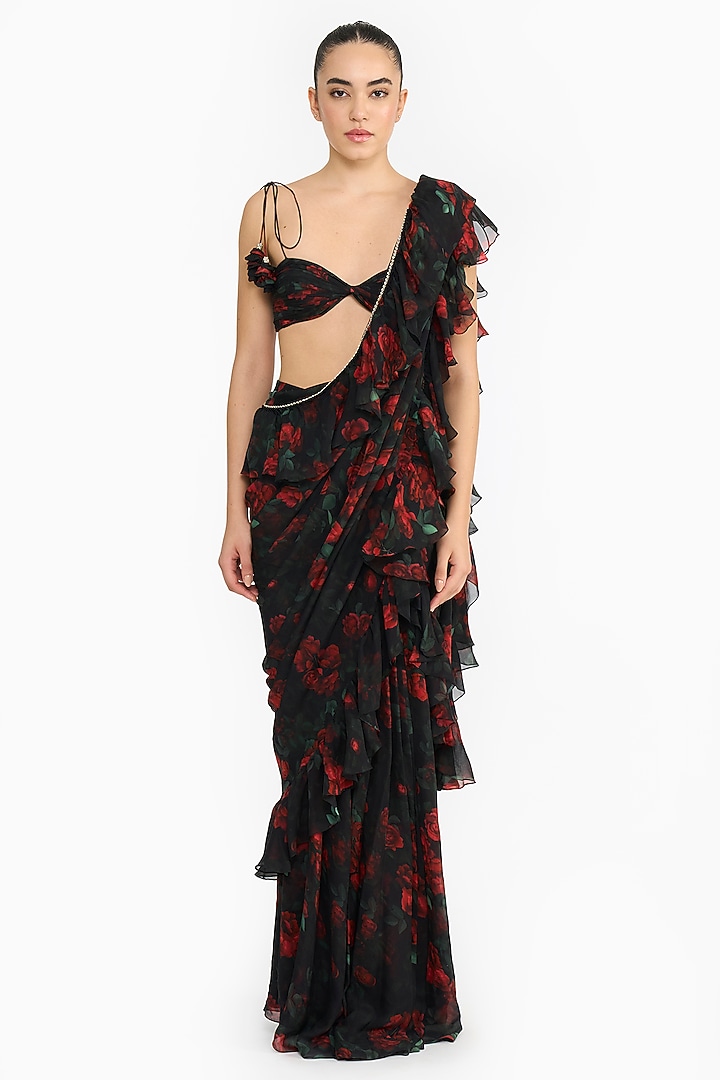 Red Chiffon Rose Printed Ruffled Reception Saree Set by Gauri And Nainika at Pernia's Pop Up Shop