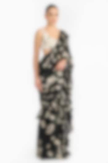 Ivory Chiffon Rose Printed Reception Saree Set by Gauri And Nainika at Pernia's Pop Up Shop