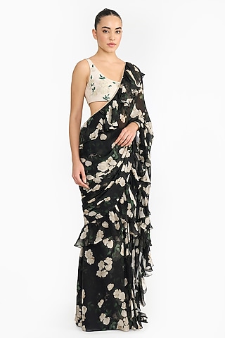 Ivory Chiffon Rose Printed Saree Set by Gauri And Nainika