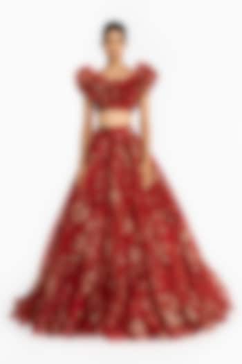 Red Silk Organza Forest Printed Bridal Lehenga Set by Gauri And Nainika at Pernia's Pop Up Shop