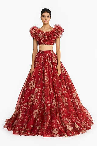 Red Silk Organza Forest Printed Lehenga Set by Gauri And Nainika