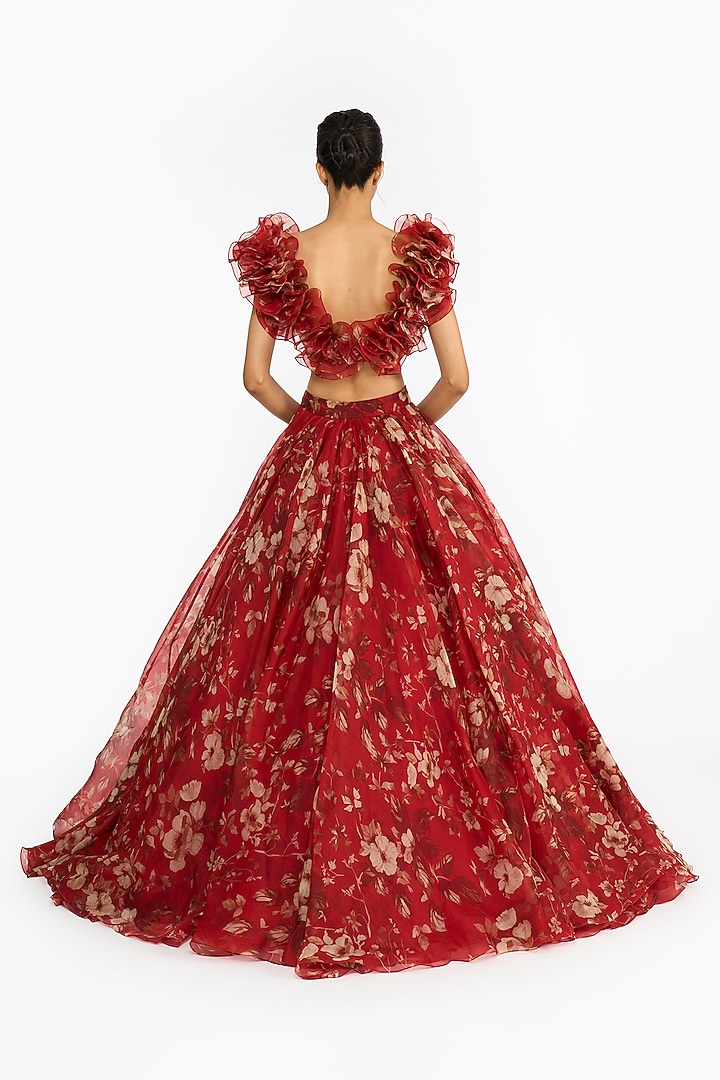 Red Silk Organza Forest Printed Bridal Lehenga Set by Gauri And Nainika at Pernia's Pop Up Shop