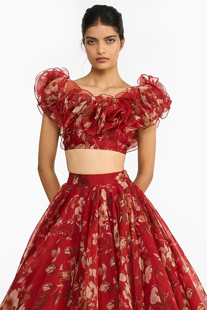 Red Silk Organza Forest Printed Bridal Lehenga Set by Gauri And Nainika at Pernia's Pop Up Shop