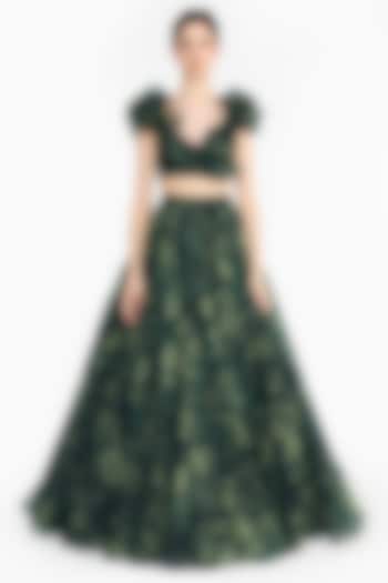Green Silk Organza Forest Printed Bridal Lehenga Set by Gauri And Nainika at Pernia's Pop Up Shop