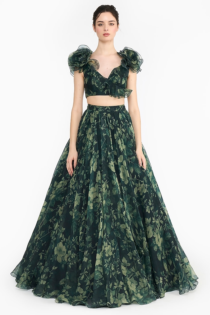 Green Silk Organza Forest Printed Bridal Lehenga Set by Gauri And Nainika at Pernia's Pop Up Shop