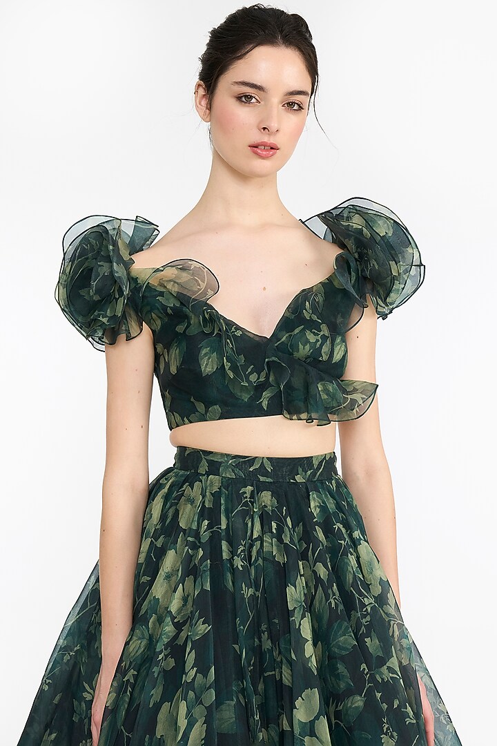 Green Silk Organza Forest Printed Bridal Lehenga Set by Gauri And Nainika at Pernia's Pop Up Shop