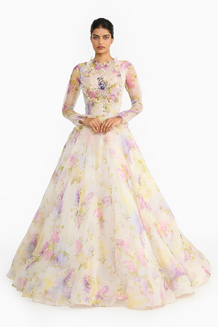 Lilac Silk Organza Printed & Embroidered Angrakha by Gauri And Nainika at Pernia's Pop Up Shop