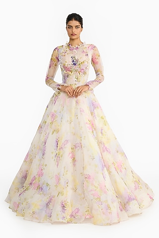 Lilac Silk Organza Printed & Embroidered Angrakha by Gauri And Nainika