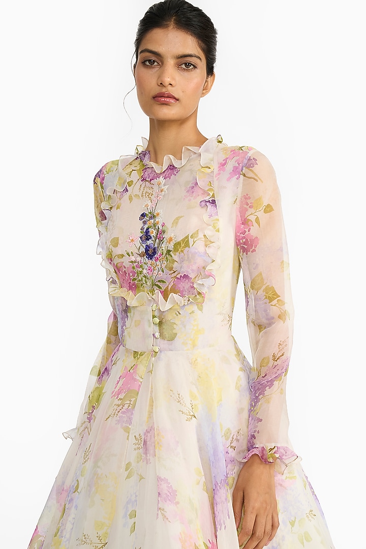 Lilac Silk Organza Printed & Embroidered Angrakha by Gauri And Nainika at Pernia's Pop Up Shop