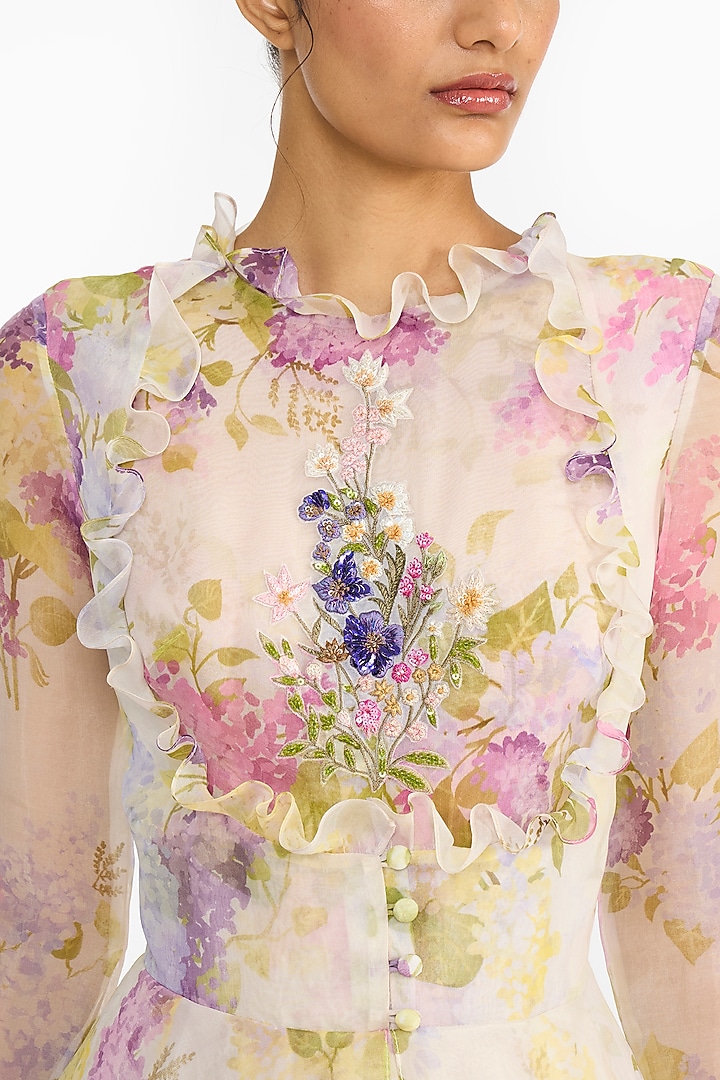 Lilac Silk Organza Printed & Embroidered Angrakha by Gauri And Nainika at Pernia's Pop Up Shop