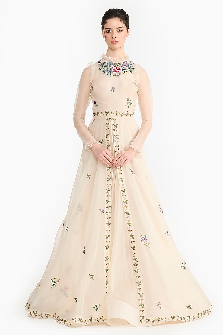 Ivory Silk Organza French Embroidered Angrakha by Gauri And Nainika at Pernia's Pop Up Shop