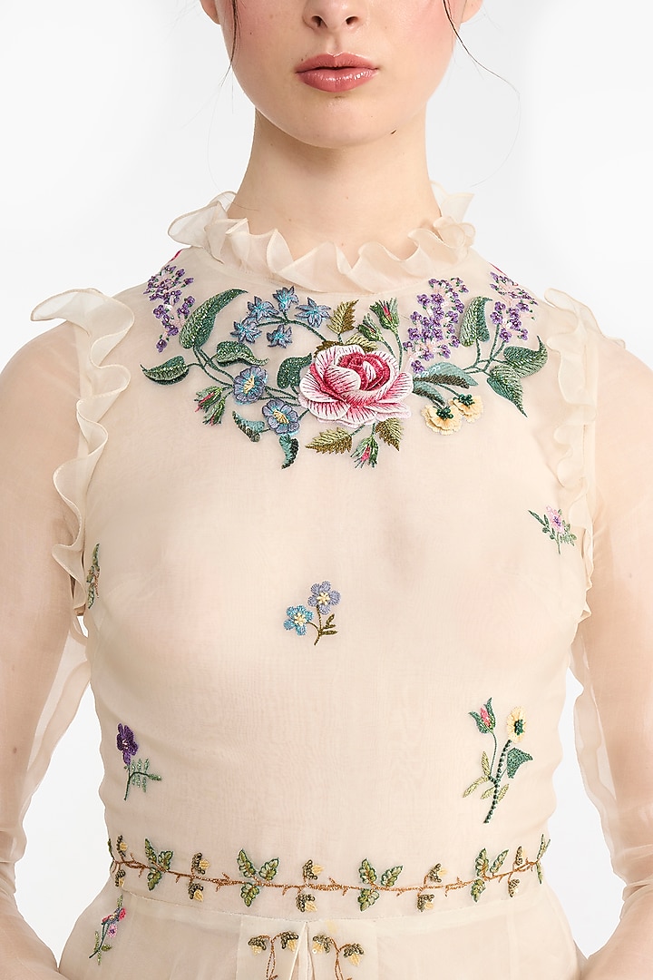 Ivory Silk Organza French Embroidered Angrakha by Gauri And Nainika at Pernia's Pop Up Shop
