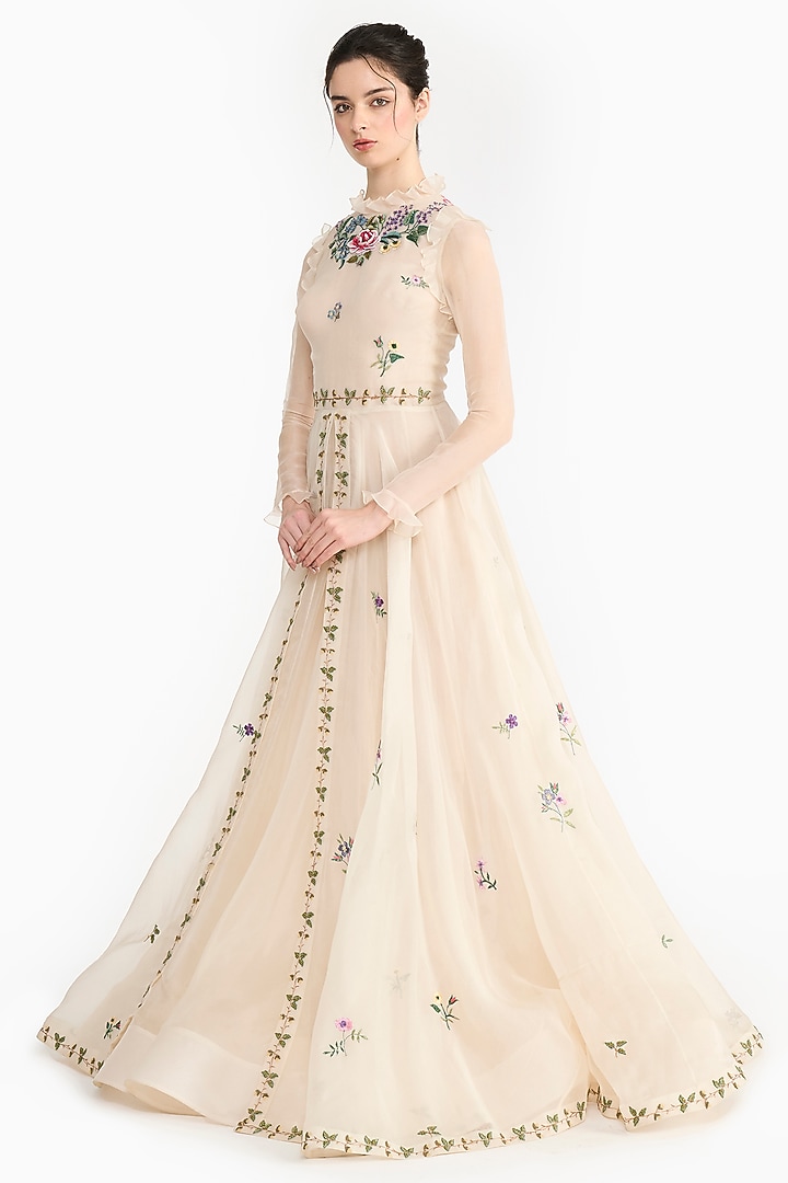 Ivory Silk Organza French Embroidered Angrakha by Gauri And Nainika at Pernia's Pop Up Shop