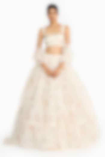 Blue & Peach Silk Organza Floral Printed Bridal Lehenga Set by Gauri And Nainika at Pernia's Pop Up Shop