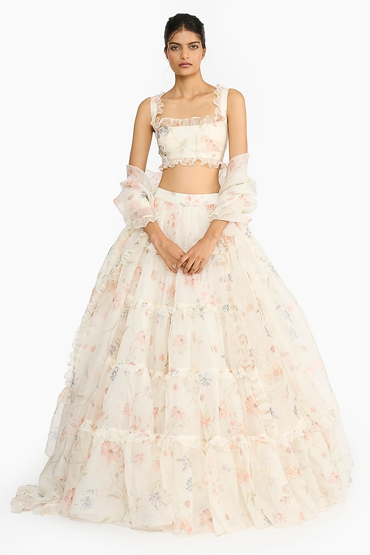 Blue & Peach Silk Organza Floral Printed Bridal Lehenga Set by Gauri And Nainika at Pernia's Pop Up Shop