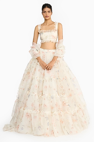 Blue & Peach Silk Organza Floral Printed Lehenga Set by Gauri And Nainika