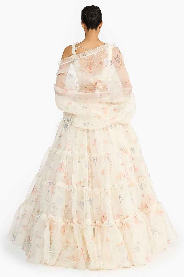 Blue & Peach Silk Organza Floral Printed Bridal Lehenga Set by Gauri And Nainika at Pernia's Pop Up Shop
