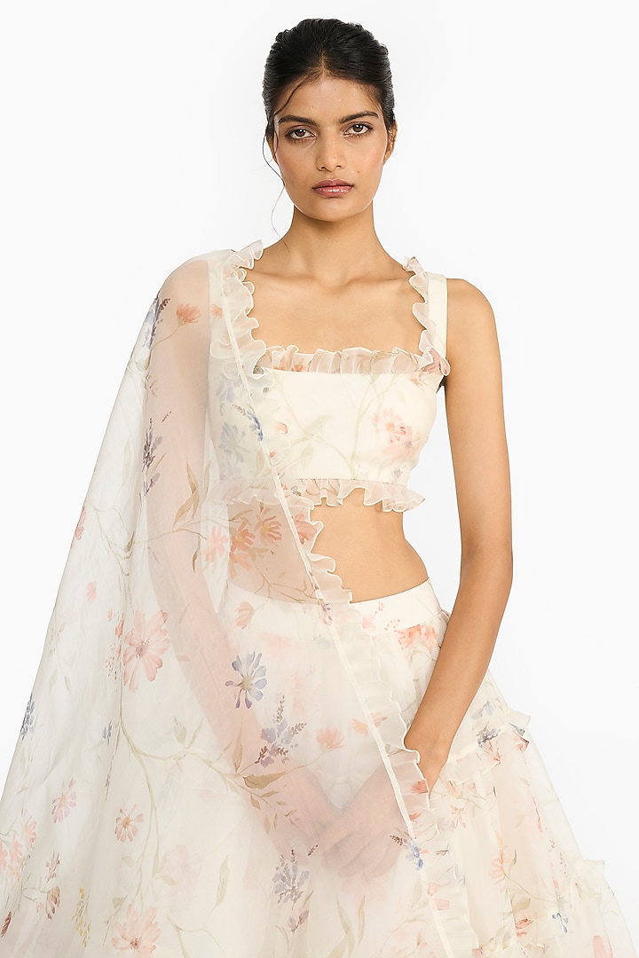 Blue & Peach Silk Organza Floral Printed Bridal Lehenga Set by Gauri And Nainika at Pernia's Pop Up Shop