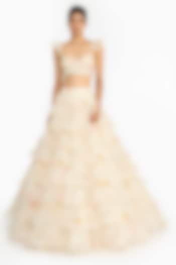 Pink & Yellow Silk Organza Printed Layered Ruffled Bridal Lehenga Set by Gauri And Nainika at Pernia's Pop Up Shop