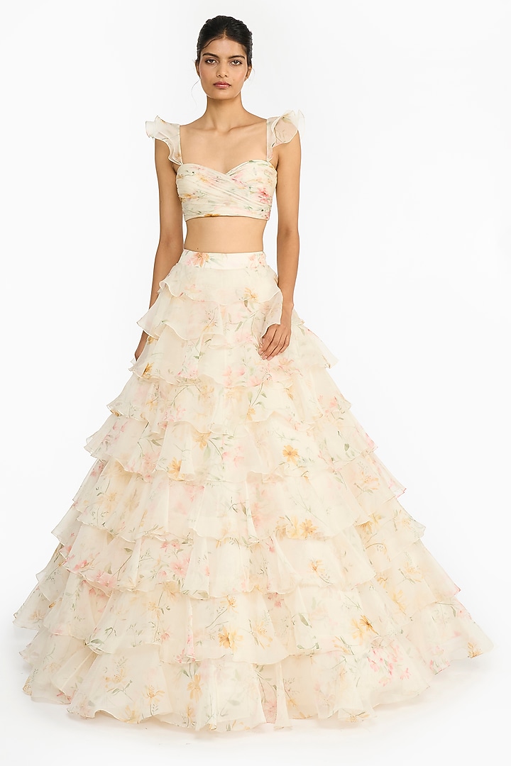Pink & Yellow Silk Organza Printed Layered Ruffled Bridal Lehenga Set by Gauri And Nainika at Pernia's Pop Up Shop