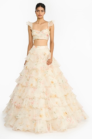 Pink & Yellow Silk Organza Printed Layered Ruffled Lehenga Set by Gauri And Nainika