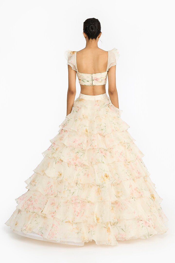 Pink & Yellow Silk Organza Printed Layered Ruffled Bridal Lehenga Set by Gauri And Nainika at Pernia's Pop Up Shop