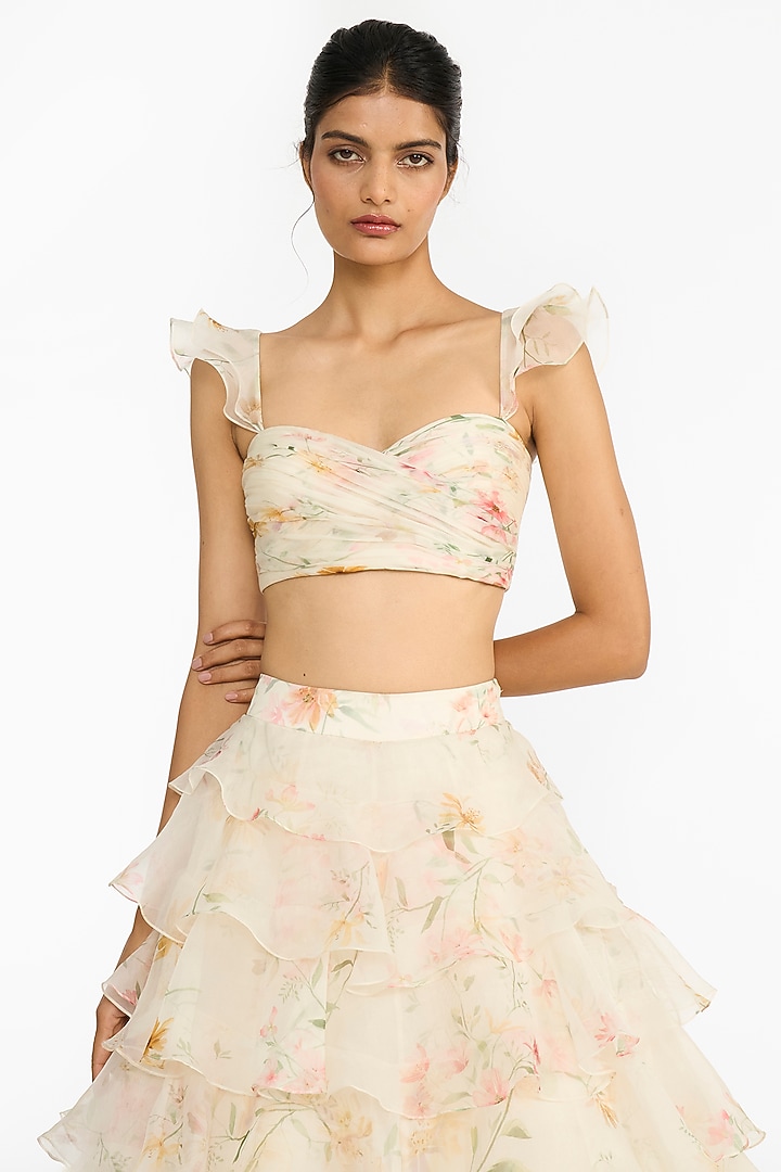 Pink & Yellow Silk Organza Printed Layered Ruffled Bridal Lehenga Set by Gauri And Nainika at Pernia's Pop Up Shop