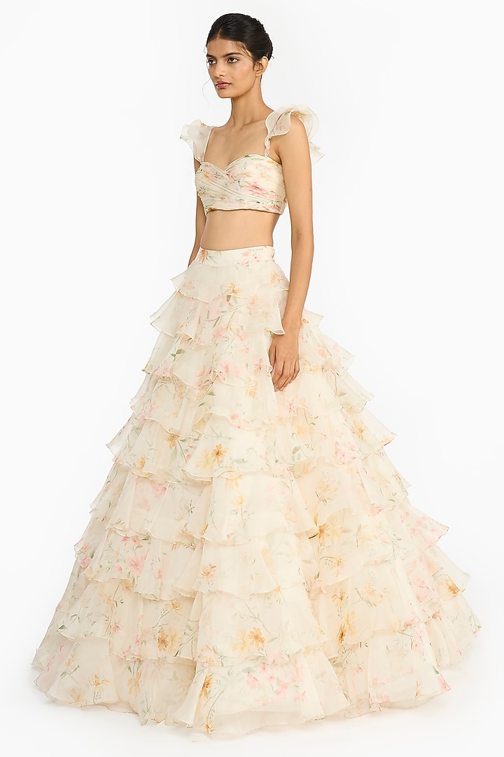 Pink & Yellow Silk Organza Printed Layered Ruffled Bridal Lehenga Set by Gauri And Nainika at Pernia's Pop Up Shop