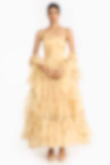 Pale Yellow Silk Organza Rose Printed Bridal Anarkali Set by Gauri And Nainika at Pernia's Pop Up Shop