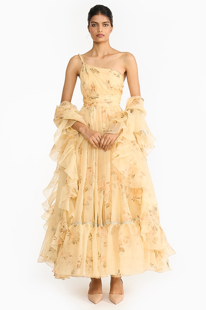 Pale Yellow Silk Organza Rose Printed Bridal Anarkali Set by Gauri And Nainika at Pernia's Pop Up Shop