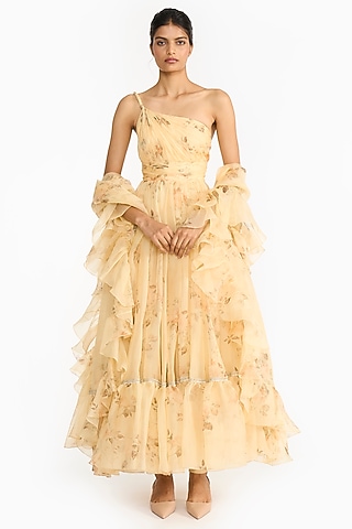 Pale Yellow Silk Organza Rose Printed Anarkali Set by Gauri And Nainika