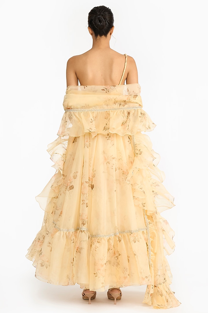 Pale Yellow Silk Organza Rose Printed Bridal Anarkali Set by Gauri And Nainika at Pernia's Pop Up Shop