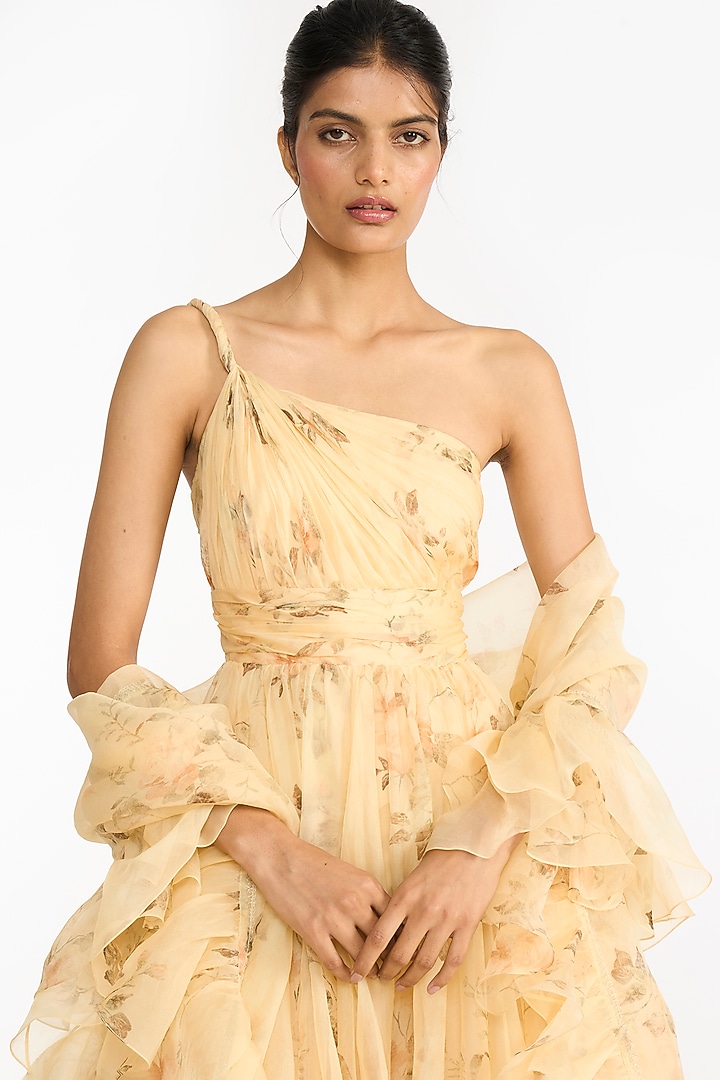 Pale Yellow Silk Organza Rose Printed Bridal Anarkali Set by Gauri And Nainika at Pernia's Pop Up Shop