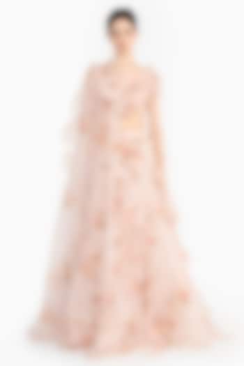 Pink Silk Organza Rose Printed Bridal Lehenga Set by Gauri And Nainika at Pernia's Pop Up Shop