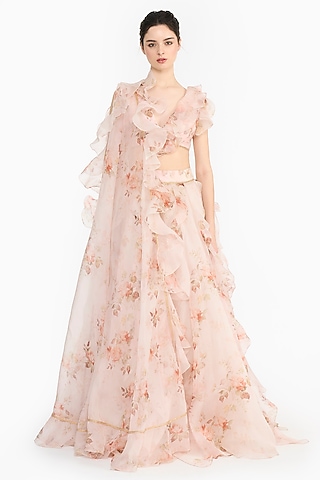 Pink Silk Organza Rose Printed Lehenga Set by Gauri And Nainika