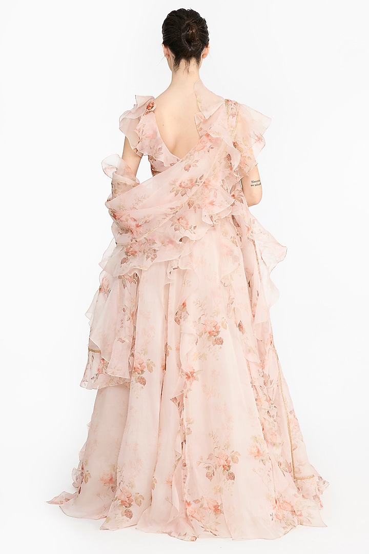 Pink Silk Organza Rose Printed Bridal Lehenga Set by Gauri And Nainika at Pernia's Pop Up Shop