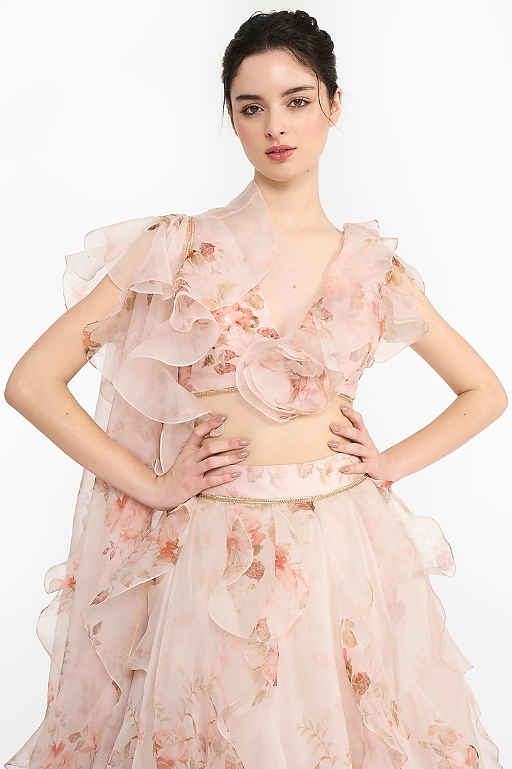 Pink Silk Organza Rose Printed Bridal Lehenga Set by Gauri And Nainika at Pernia's Pop Up Shop