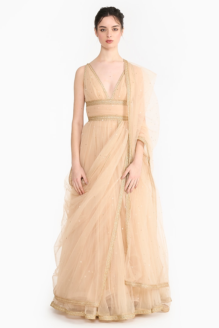 Peach Tulle Bridal Anarkali Set by Gauri And Nainika at Pernia's Pop Up Shop