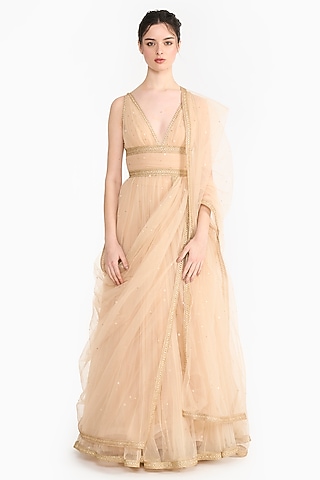 Peach Tulle Anarkali Set by Gauri And Nainika
