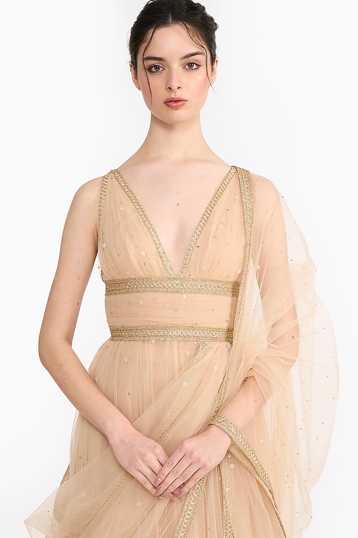 Peach Tulle Bridal Anarkali Set by Gauri And Nainika at Pernia's Pop Up Shop