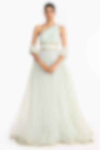 Sea Green Tulle One Shoulder Bridal Anarkali Set by Gauri And Nainika at Pernia's Pop Up Shop