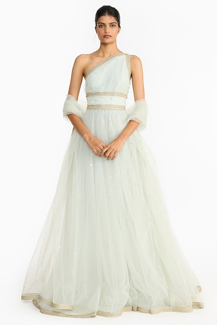 Sea Green Tulle One Shoulder Bridal Anarkali Set by Gauri And Nainika at Pernia's Pop Up Shop
