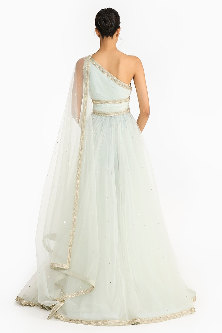 Sea Green Tulle One Shoulder Bridal Anarkali Set by Gauri And Nainika at Pernia's Pop Up Shop